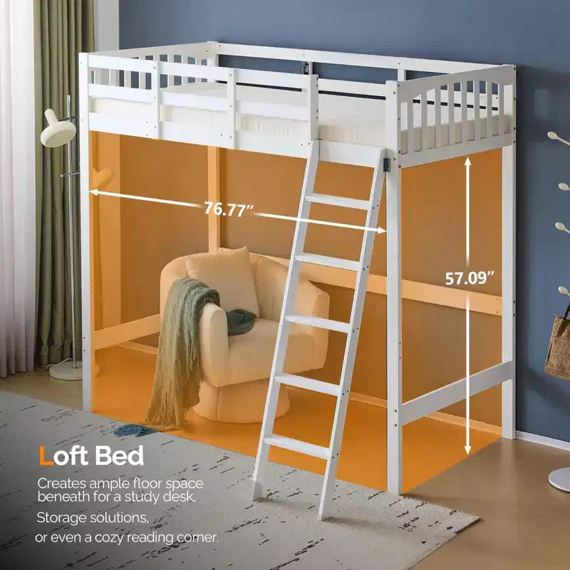 Lit mezzanine double en bois avec station de recharge, lumières LED, barrière de sécurité de 15 po, support à lattes en bois, blanc