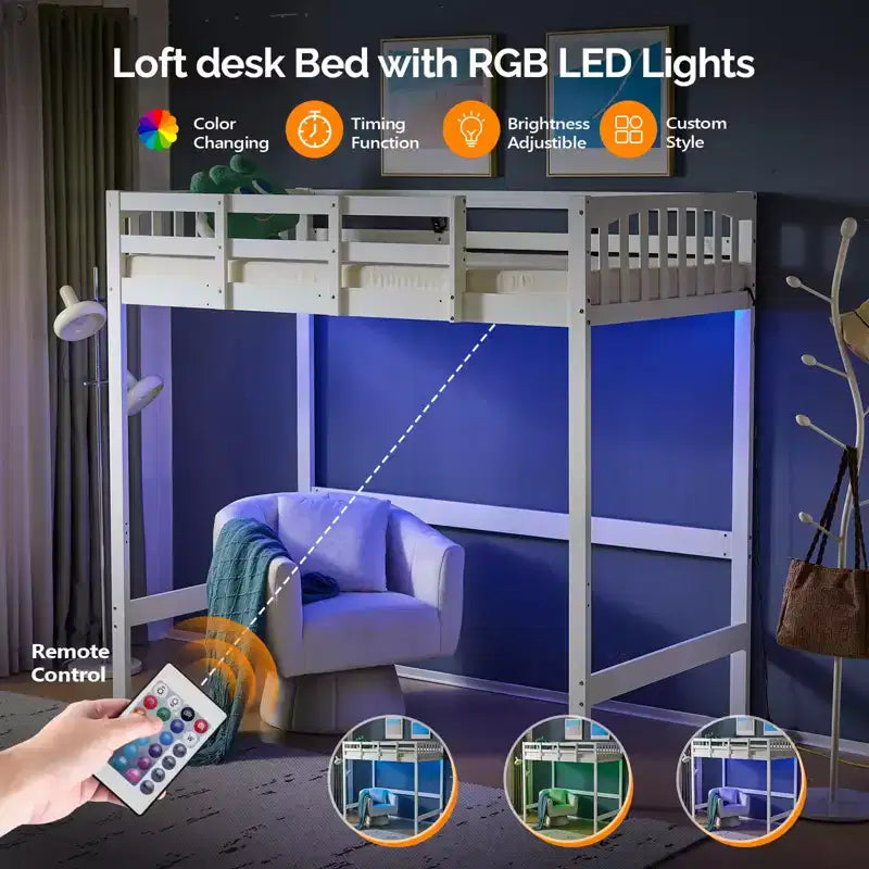 Lit mezzanine double en bois avec station de recharge, lumières LED, barrière de sécurité de 15 po, support à lattes en bois, blanc