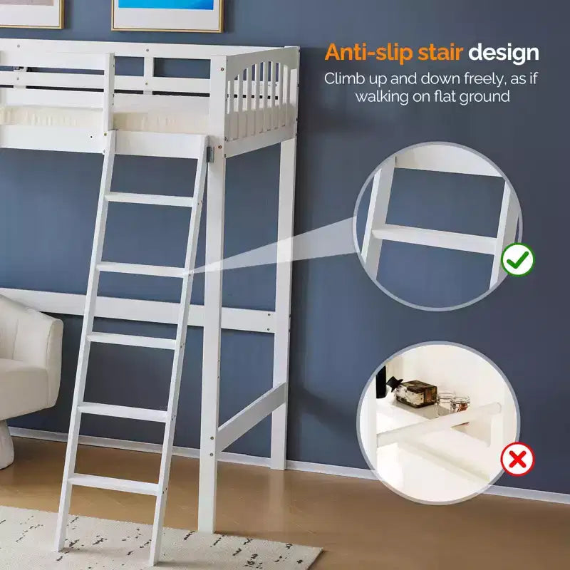 Lit mezzanine double en bois avec station de recharge, lumières LED, barrière de sécurité de 15 po, support à lattes en bois, blanc