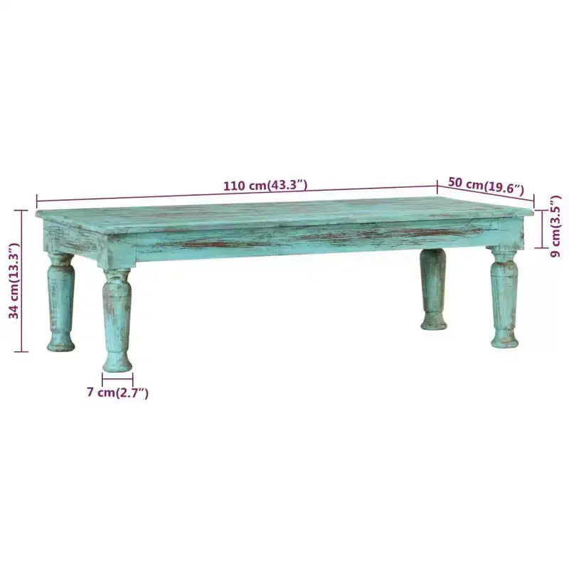 Table basse en bois massif recyclé, finition vieillie multicolore, 110x50x34 cm
