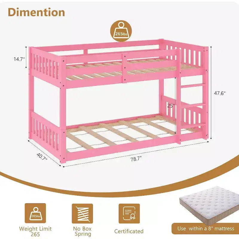 Lit superposé jumeau sur jumeau bas pour enfants avec barrières de sécurité et échelle, cadre en bois, matelas non inclus