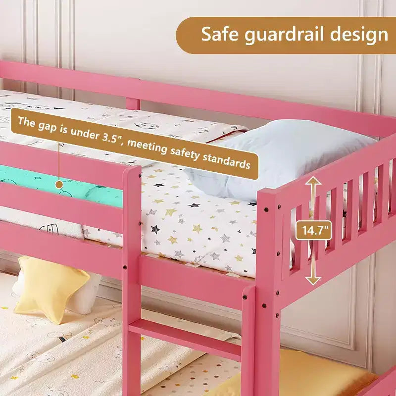 Lit superposé jumeau sur jumeau bas pour enfants avec barrières de sécurité et échelle, cadre en bois, matelas non inclus