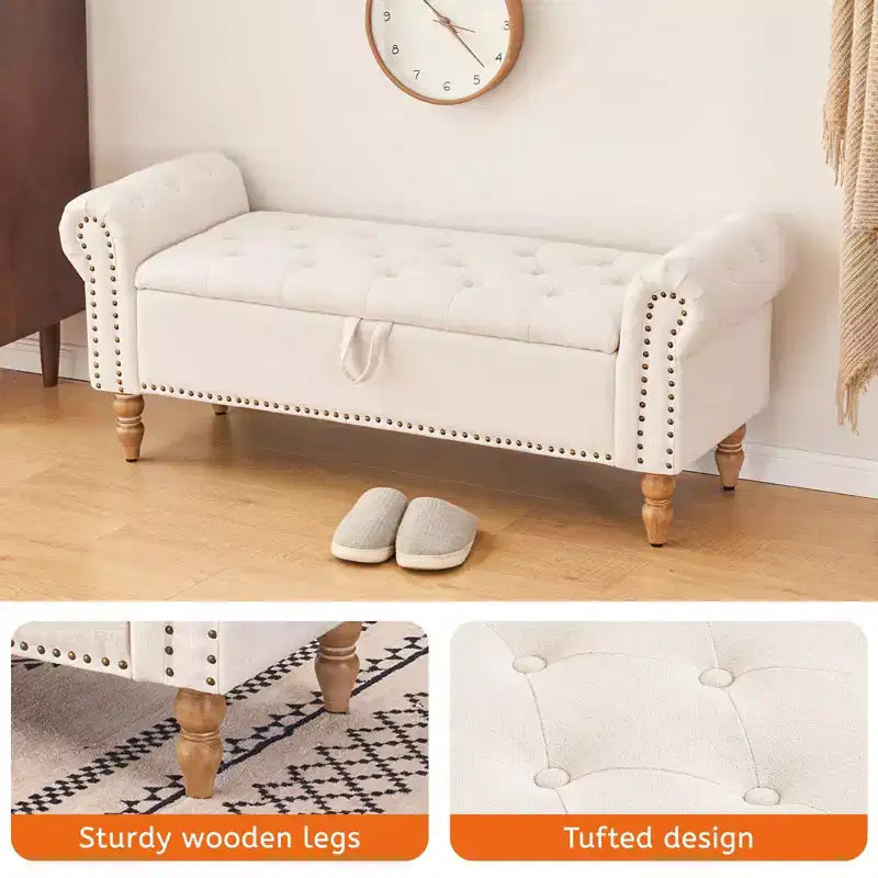 Banc ottoman de rangement capitonné en tissu de lin de 51 po