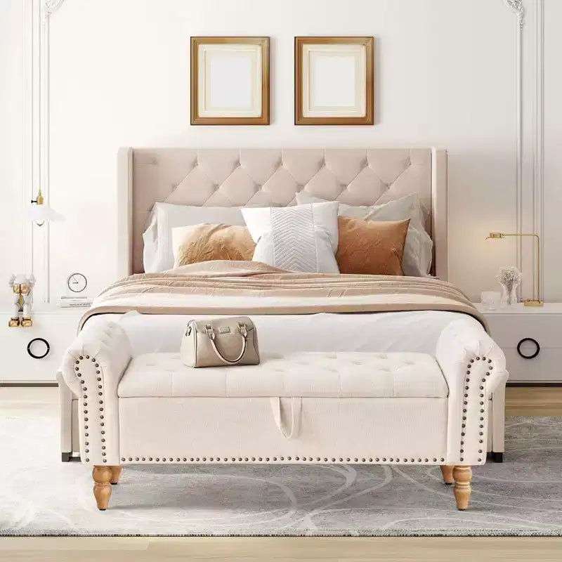 Banc ottoman de rangement capitonné en tissu de lin de 51 po