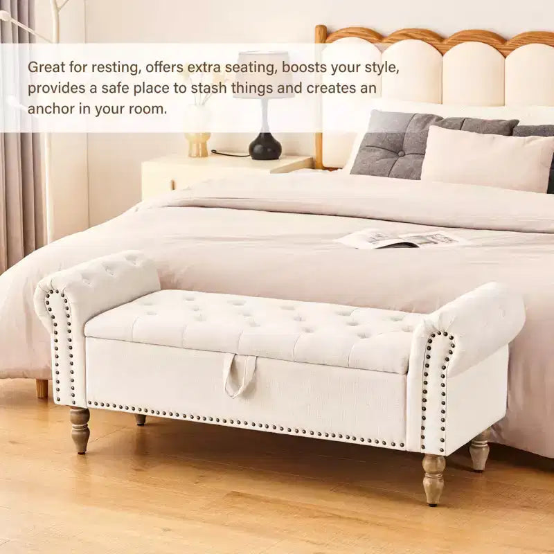 Banc ottoman de rangement capitonné en tissu de lin de 51 po