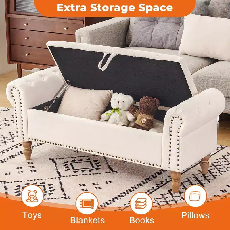 Banc ottoman de rangement capitonné en tissu de lin de 51 po