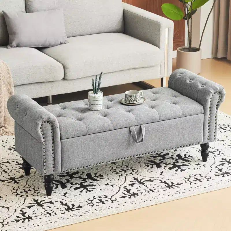 Banc ottoman de rangement capitonné en tissu de lin de 51 po