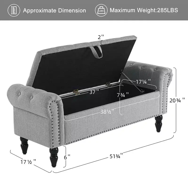 Banc ottoman de rangement capitonné en tissu de lin de 51 po