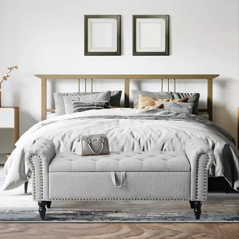 Banc ottoman de rangement capitonné en tissu de lin de 51 po