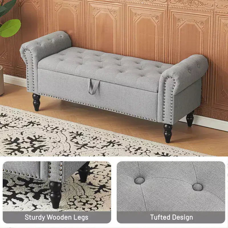 Banc ottoman de rangement capitonné en tissu de lin de 51 po