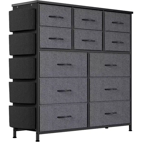 Acekool 12 Drawer Dresser, Tall Fabric Storage Tower with Wooden Top, Side Pockets & Hooks, Chest of Drawers for Bedroom, Closet, Hallway