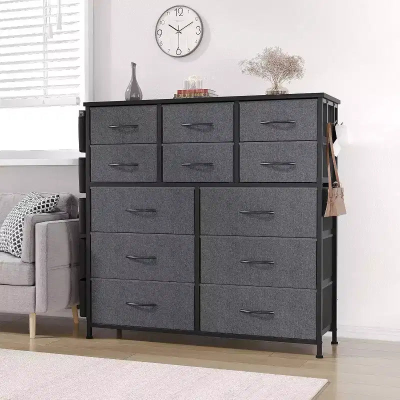 Tour de rangement en tissu à 12 tiroirs avec plateau en bois, poches latérales et crochets – Commode de chambre pour placard, couloir