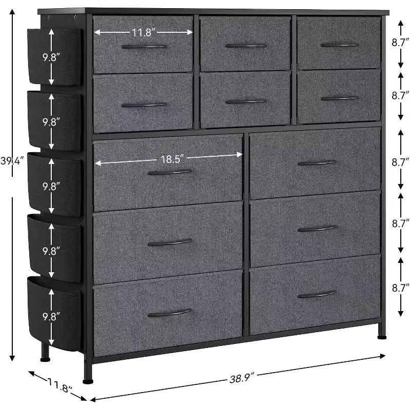 Tour de rangement en tissu à 12 tiroirs avec plateau en bois, poches latérales et crochets – Commode de chambre pour placard, couloir