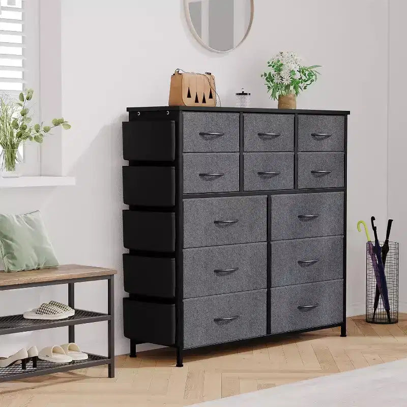 Tour de rangement en tissu à 12 tiroirs avec plateau en bois, poches latérales et crochets – Commode de chambre pour placard, couloir