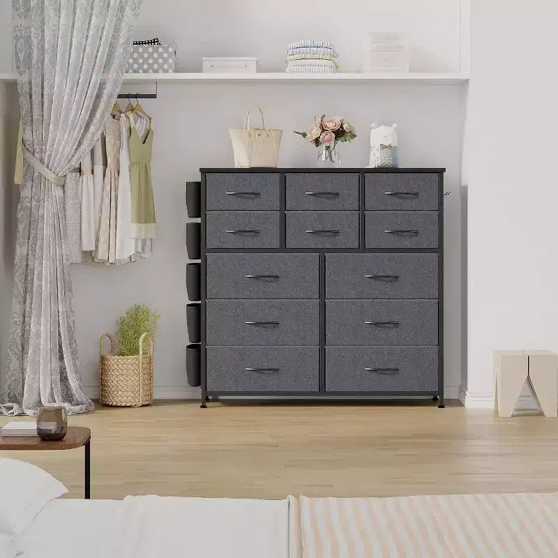 Tour de rangement en tissu à 12 tiroirs avec plateau en bois, poches latérales et crochets – Commode de chambre pour placard, couloir