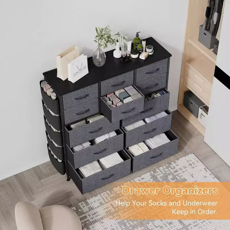 Tour de rangement en tissu à 12 tiroirs avec plateau en bois, poches latérales et crochets – Commode de chambre pour placard, couloir