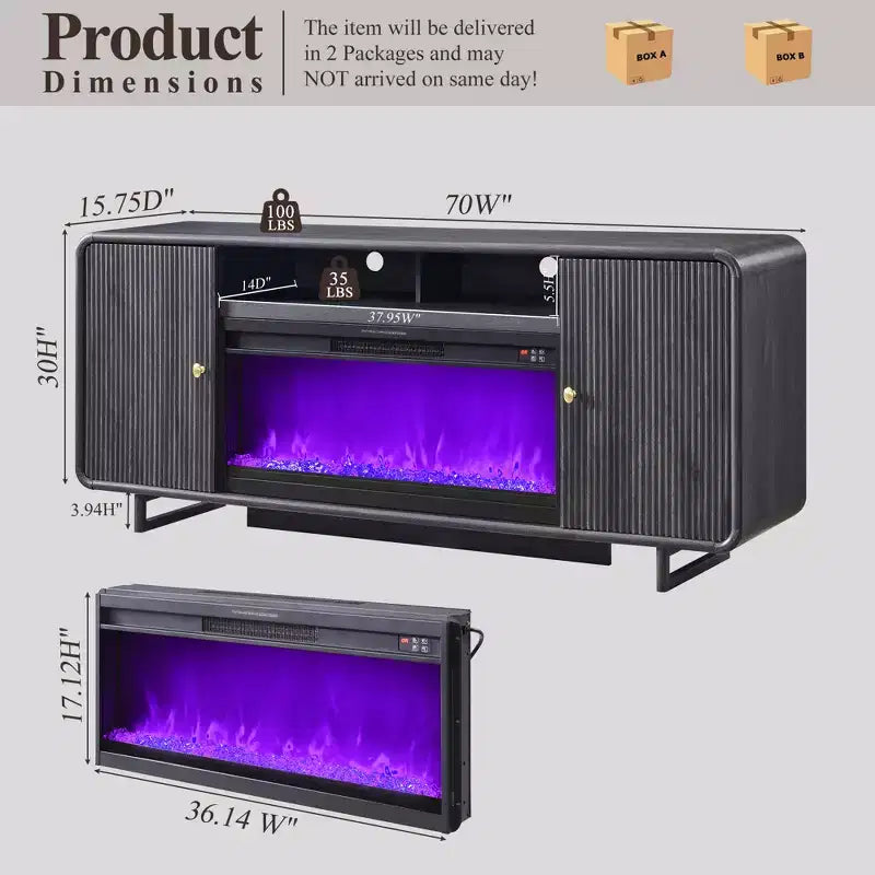 Meuble TV avec cheminée électrique pour téléviseurs jusqu'à 80 pouces, meuble de divertissement de 70 pouces avec cheminée électrique de 36 pouces et étagères réglables, 70x15,75x30 pouces