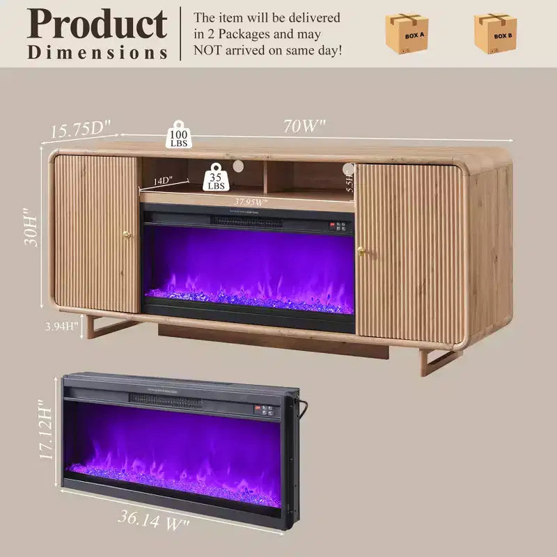 Meuble TV avec cheminée électrique pour téléviseurs jusqu'à 80 pouces, meuble de divertissement de 70 pouces avec cheminée électrique de 36 pouces et étagères réglables, 70x15,75x30 pouces