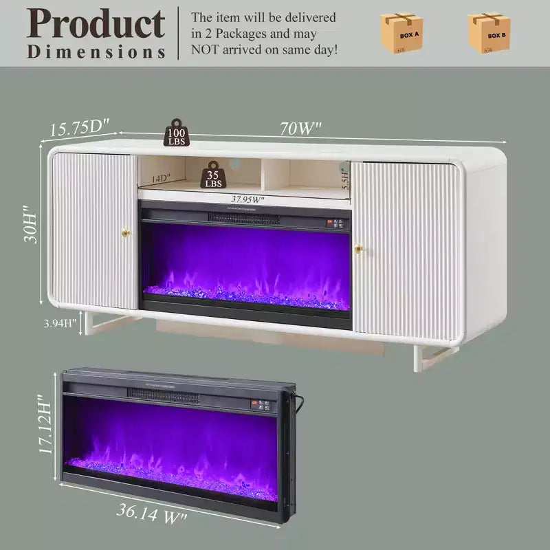Meuble TV avec cheminée électrique pour téléviseurs jusqu'à 80 pouces, meuble de divertissement de 70 pouces avec cheminée électrique de 36 pouces et étagères réglables, 70x15,75x30 pouces
