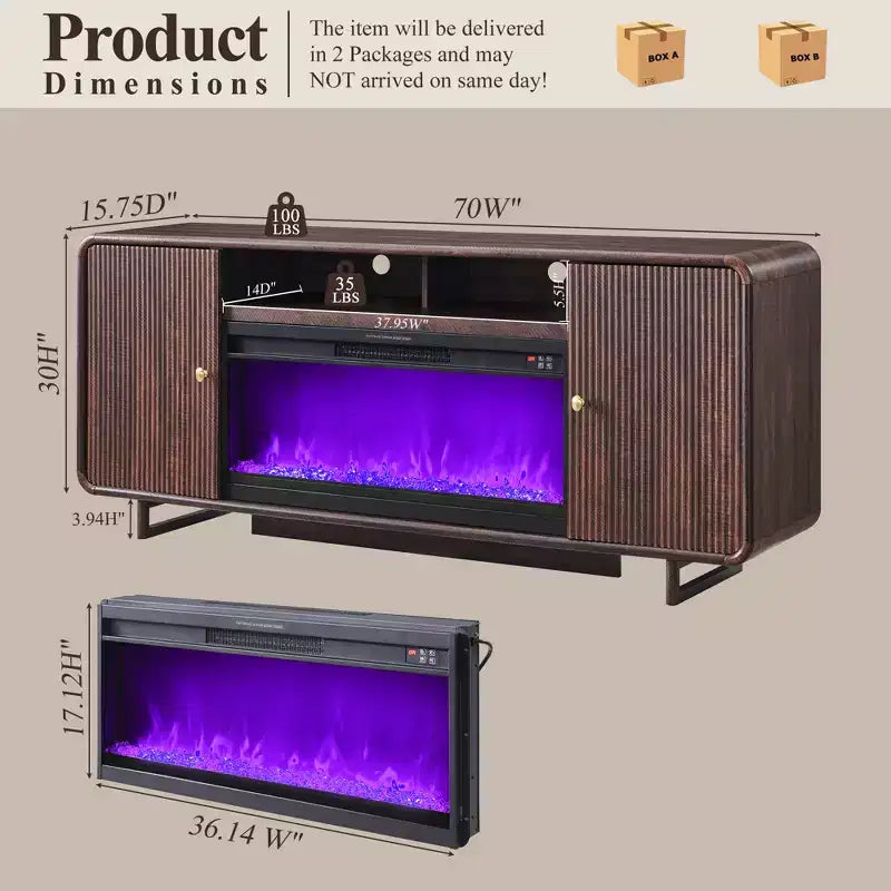 Meuble TV avec cheminée électrique pour téléviseurs jusqu'à 80 pouces, meuble de divertissement de 70 pouces avec cheminée électrique de 36 pouces et étagères réglables, 70x15,75x30 pouces