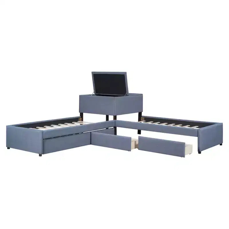 Lit plate-forme double en L avec lit gigogne, 2 tiroirs et table intégrée, gris, 119x119x37.2 po