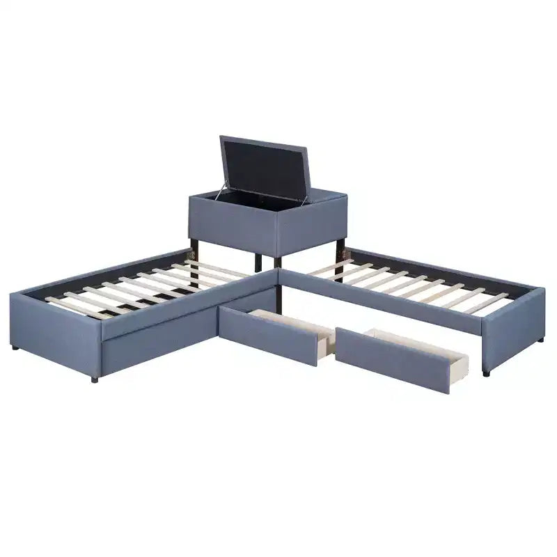 Lit plate-forme double en L avec lit gigogne, 2 tiroirs et table intégrée, gris, 119x119x37.2 po