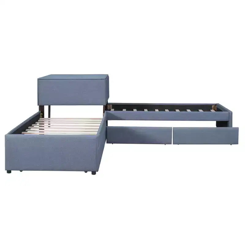 Lit plate-forme double en L avec lit gigogne, 2 tiroirs et table intégrée, gris, 119x119x37.2 po