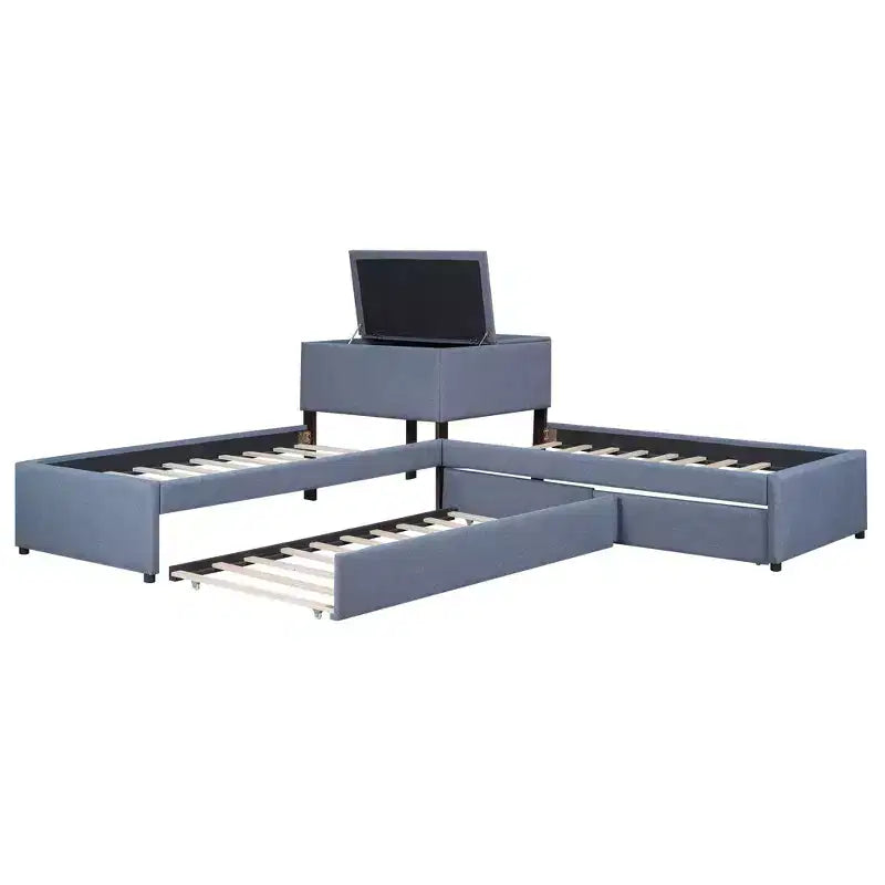 Lit plate-forme double en L avec lit gigogne, 2 tiroirs et table intégrée, gris, 119x119x37.2 po