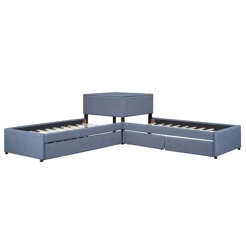 Lit plate-forme double en L avec lit gigogne, 2 tiroirs et table intégrée, gris, 119x119x37.2 po