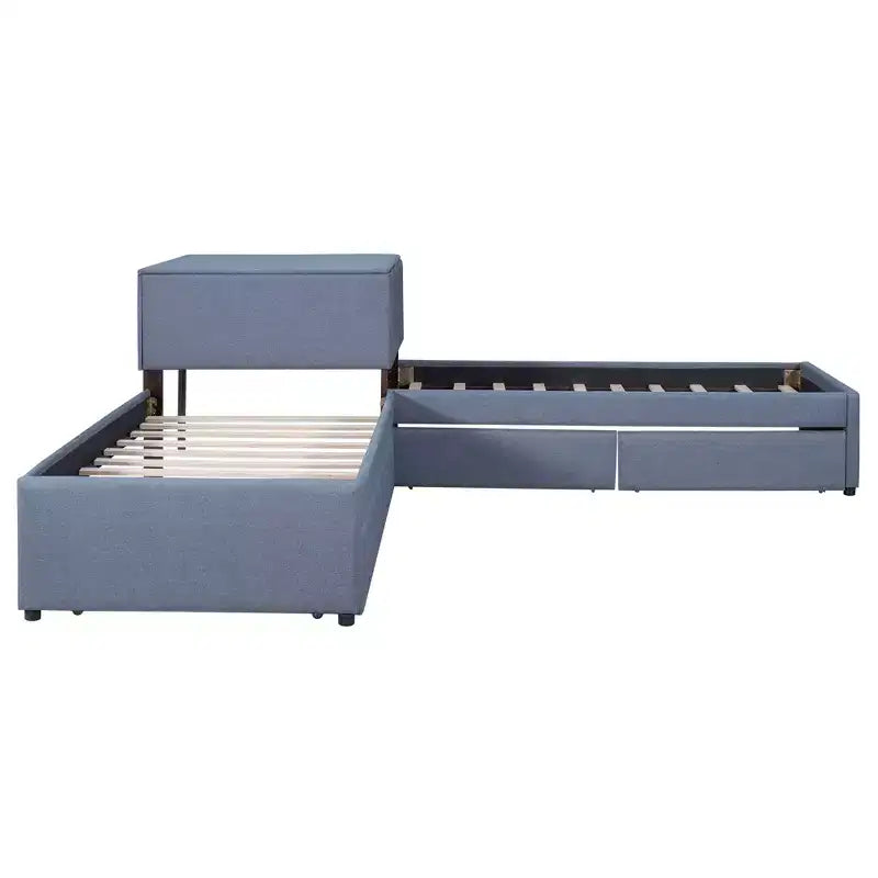 Lit plate-forme double en L avec lit gigogne, 2 tiroirs et table intégrée, gris, 119x119x37.2 po