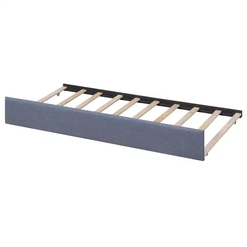Lit plate-forme double en L avec lit gigogne, 2 tiroirs et table intégrée, gris, 119x119x37.2 po