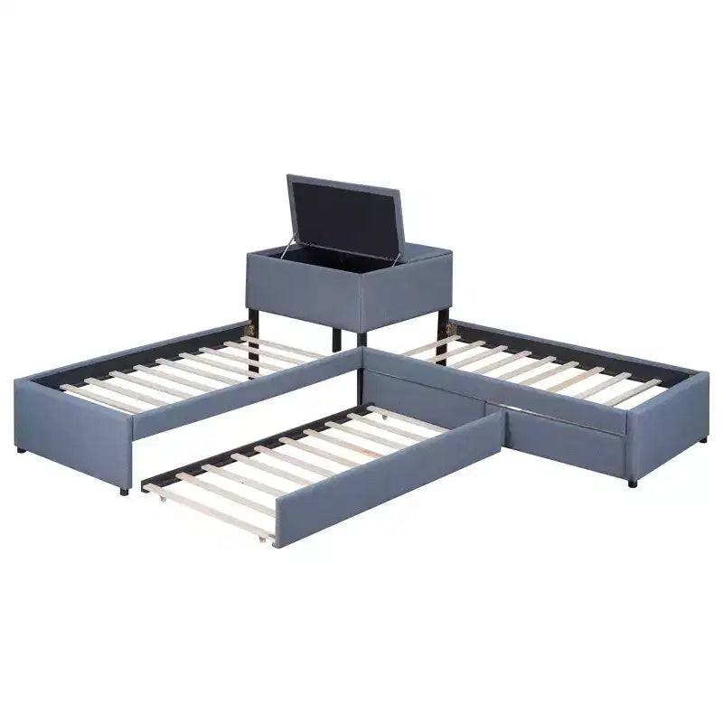 Lit plate-forme double en L avec lit gigogne, 2 tiroirs et table intégrée, gris, 119x119x37.2 po