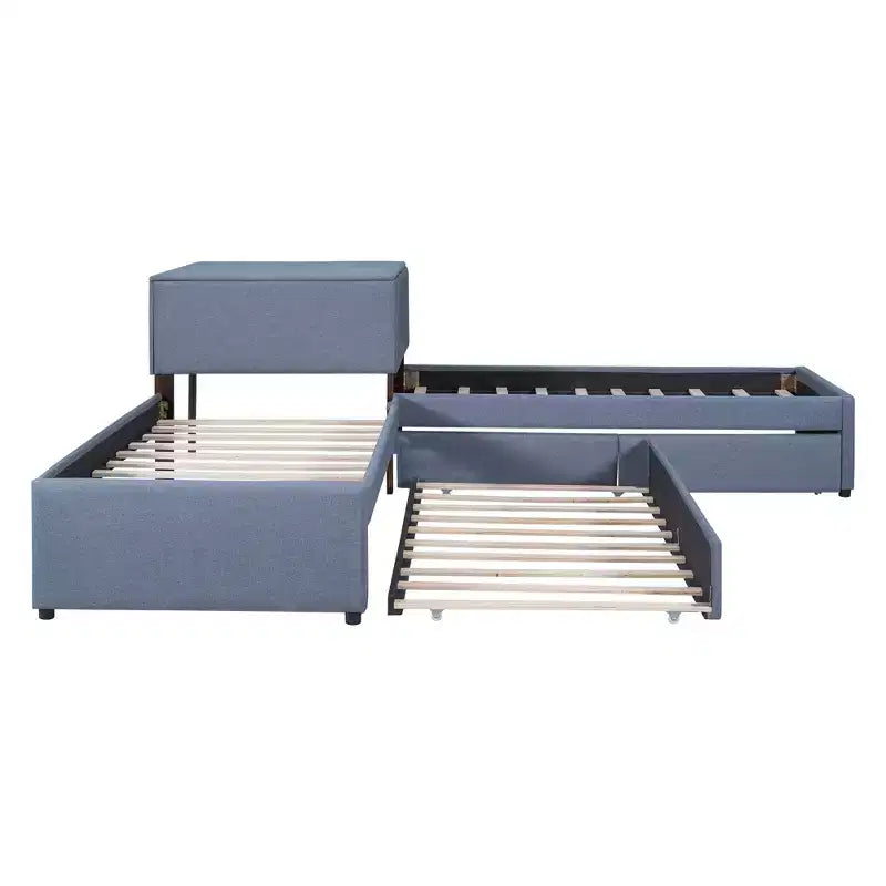 Lit plate-forme double en L avec lit gigogne, 2 tiroirs et table intégrée, gris, 119x119x37.2 po