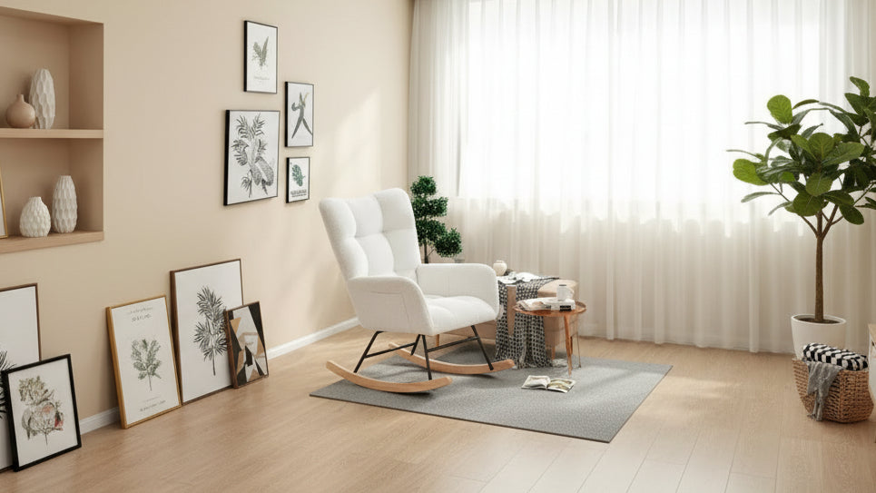 Rocking Chair Nursery, Teddy Upholstered Glider Rocker with High Backrest, Reading Chair Modern Rocking Accent Chairs with Side Pockets, White