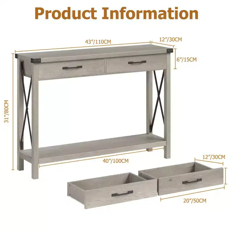 Console de ferme à 2 niveaux avec tiroirs pour couloir ou salon, MDF et pieds en bois, 109x30x79 cm