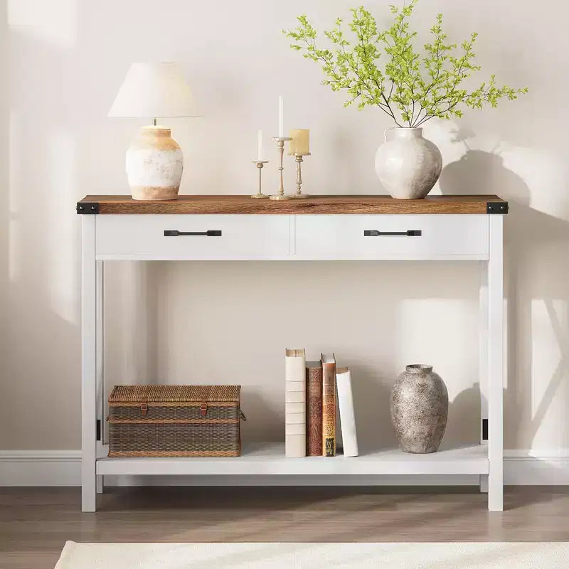 Console de ferme à 2 niveaux avec tiroirs pour couloir ou salon, MDF et pieds en bois, 109x30x79 cm