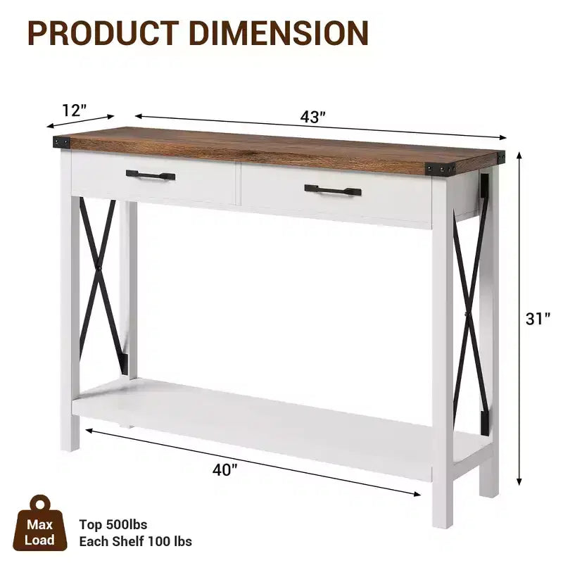 Console de ferme à 2 niveaux avec tiroirs pour couloir ou salon, MDF et pieds en bois, 109x30x79 cm