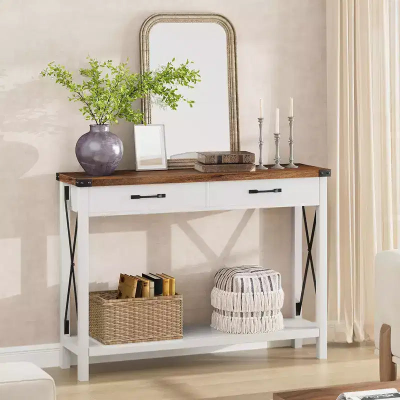 Console de ferme à 2 niveaux avec tiroirs pour couloir ou salon, MDF et pieds en bois, 109x30x79 cm