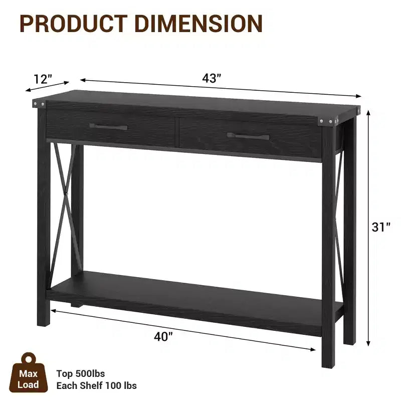 Console de ferme à 2 niveaux avec tiroirs pour couloir ou salon, MDF et pieds en bois, 109x30x79 cm