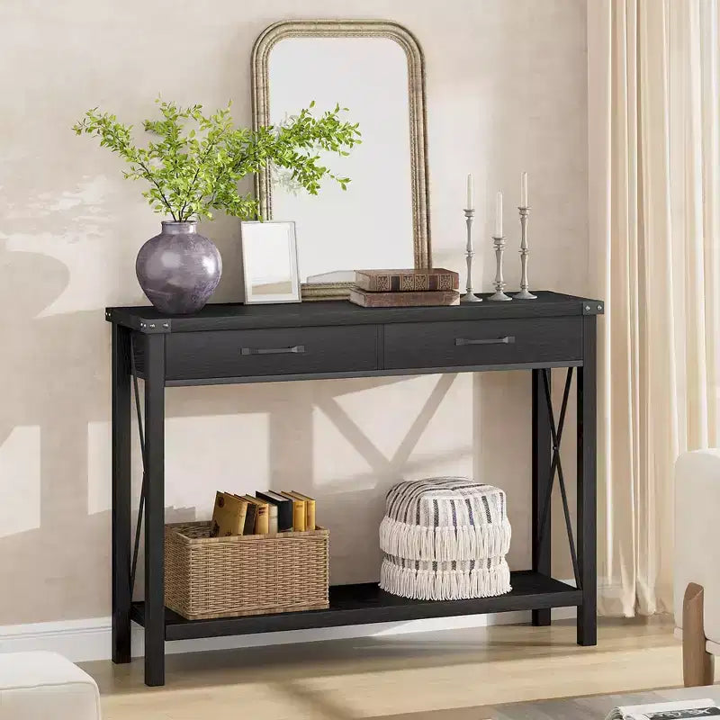 Console de ferme à 2 niveaux avec tiroirs pour couloir ou salon, MDF et pieds en bois, 109x30x79 cm
