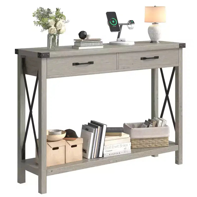 Console de ferme à 2 niveaux avec tiroirs pour couloir ou salon, MDF et pieds en bois, 109x30x79 cm