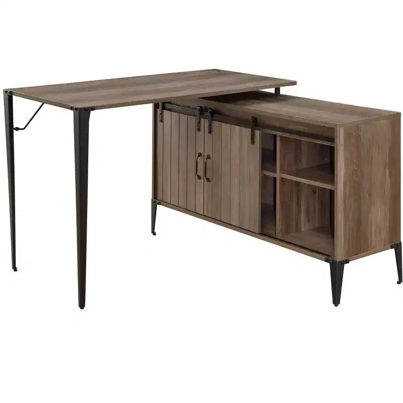 Bureau d'angle en forme de L style ferme de 48 po avec pieds en métal, 2 armoires de rangement et 2 étagères, bureau d'ordinateur d'angle, 48x48x31 po