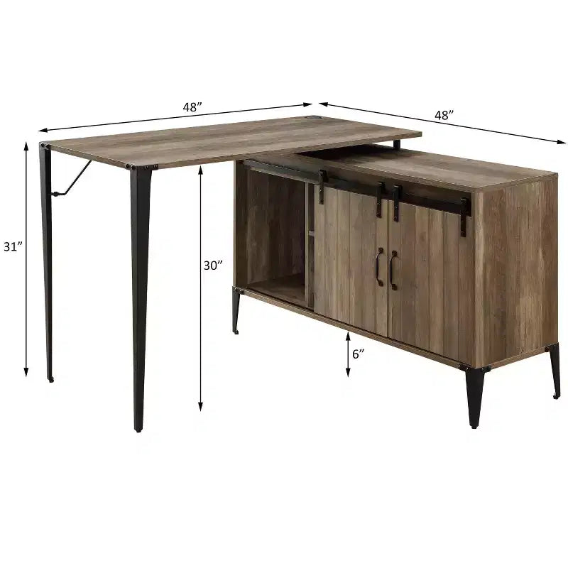 Bureau d'angle en forme de L style ferme de 48 po avec pieds en métal, 2 armoires de rangement et 2 étagères, bureau d'ordinateur d'angle, 48x48x31 po