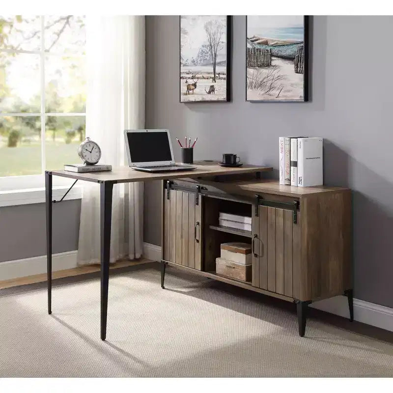 Bureau d'angle en forme de L style ferme de 48 po avec pieds en métal, 2 armoires de rangement et 2 étagères, bureau d'ordinateur d'angle, 48x48x31 po