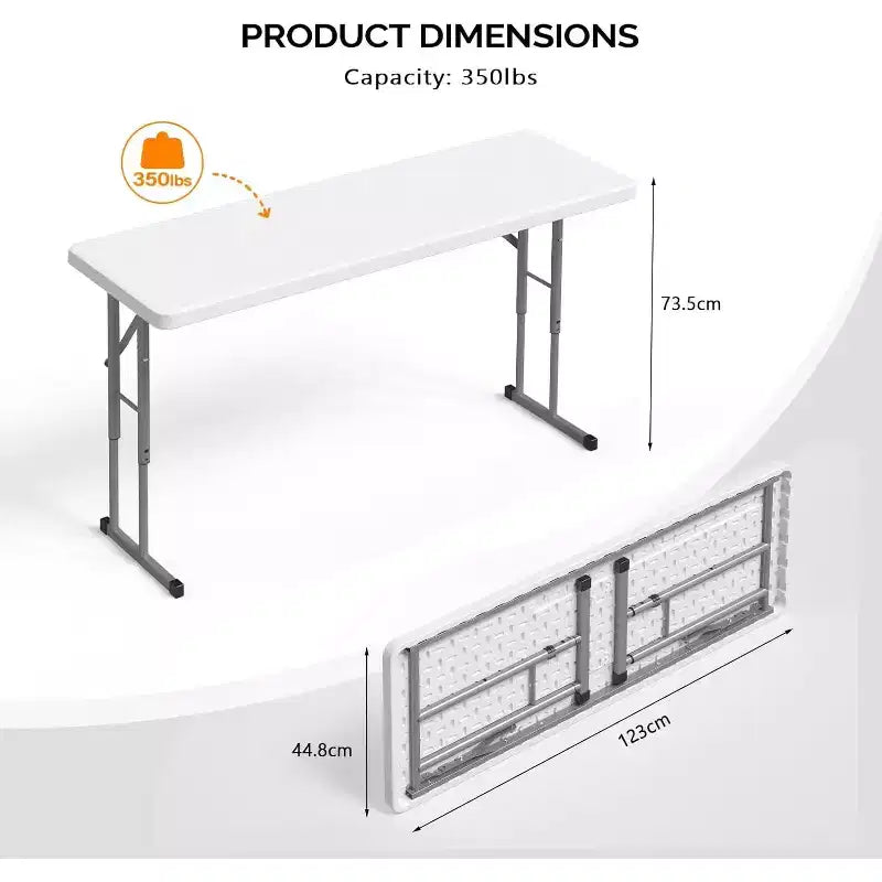 Table pliante étroite de 4 pieds, plateau en PEHD avec cadre métallique, blanc, 70,5x17,5x28,5 po