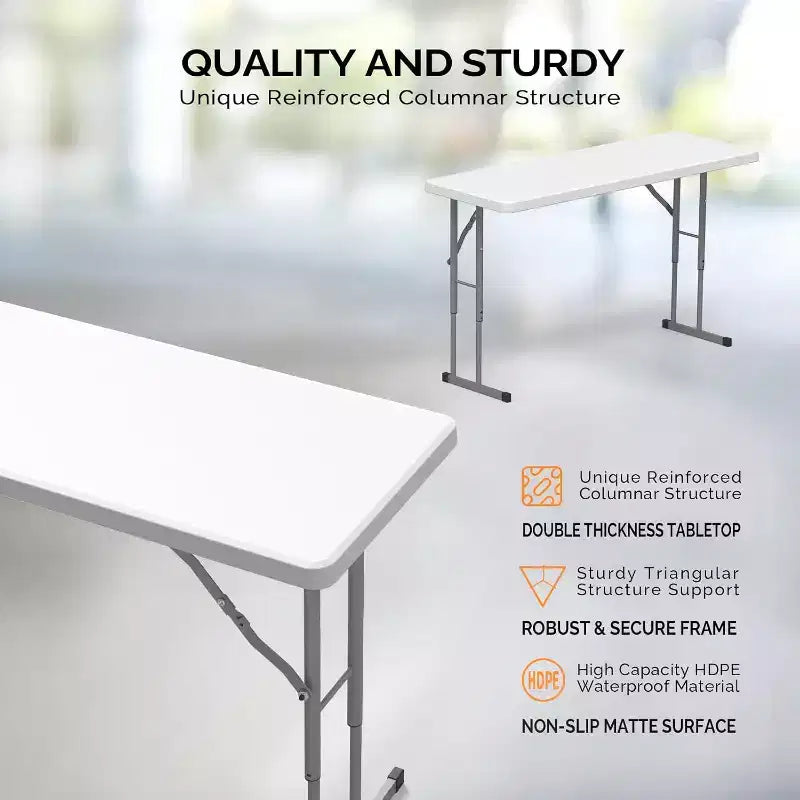 Table pliante étroite de 4 pieds, plateau en PEHD avec cadre métallique, blanc, 70,5x17,5x28,5 po