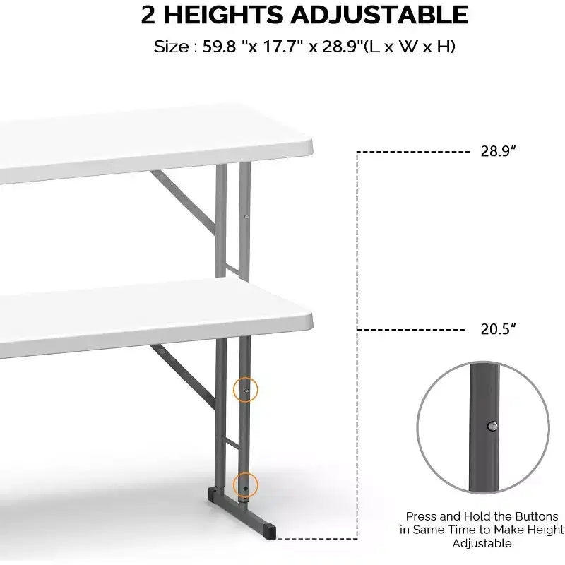 Table pliante étroite de 4 pieds, plateau en PEHD avec cadre métallique, blanc, 70,5x17,5x28,5 po