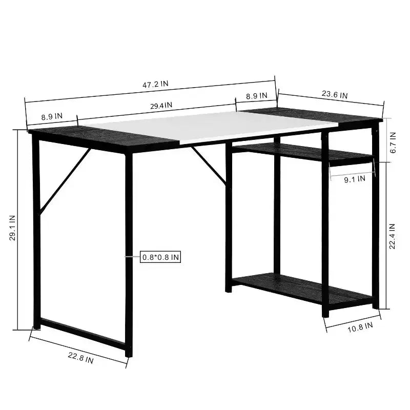 Bureau d'étude de 120 cm avec étagères de rangement et cadre métallique, poste de travail peu encombrant, 120x60x74 cm