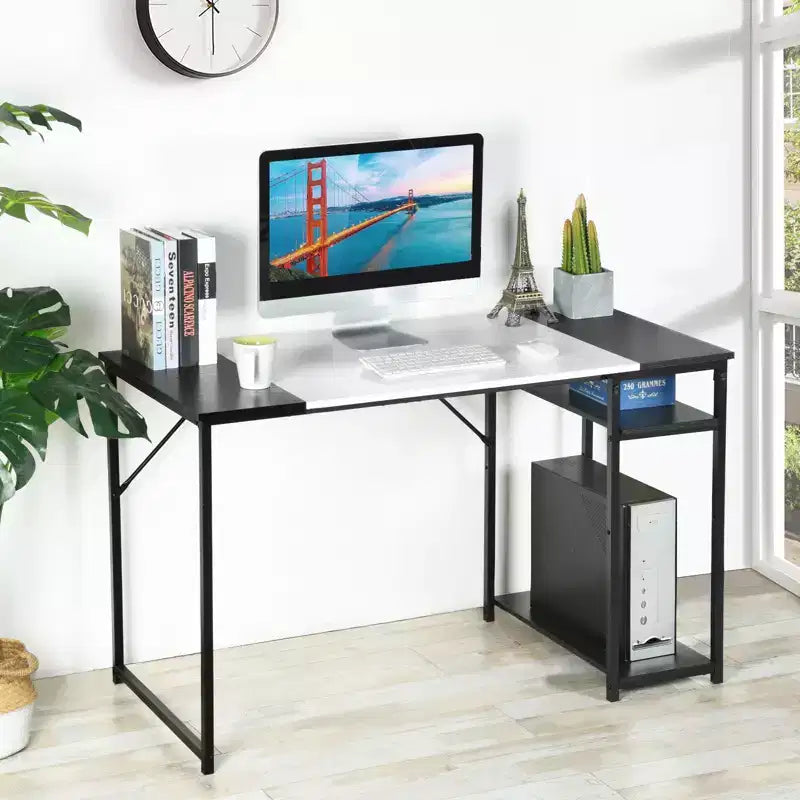 Bureau d'étude de 120 cm avec étagères de rangement et cadre métallique, poste de travail peu encombrant, 120x60x74 cm