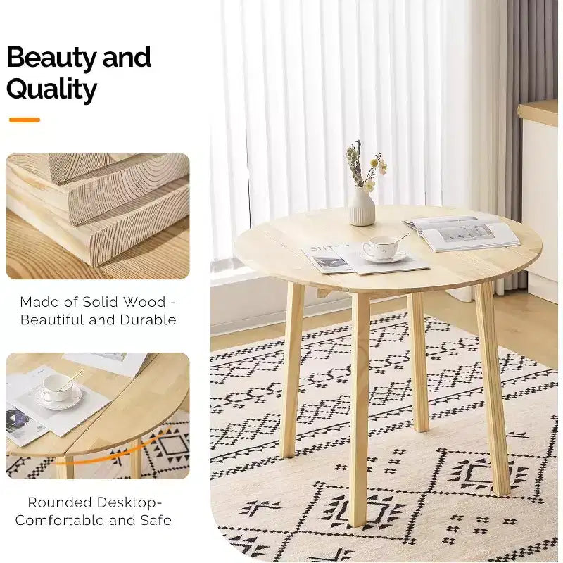 Table à manger pliante en bois massif de 35 pouces, table ronde extensible pour la maison, l'appartement, le bureau, 36x36x30 pouces